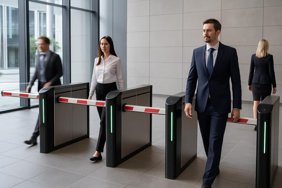 Several people pass through motorised speed gates at a reception area