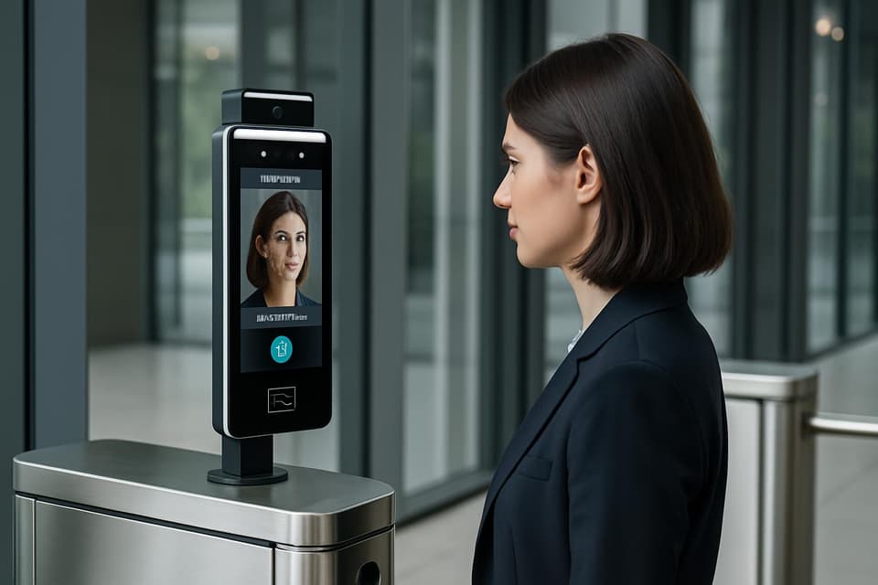 A person identifies themselves at a facial recognition terminal next to a turnstile