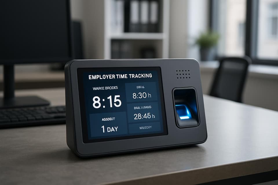 Time clock terminal with screen and reader on an office counter