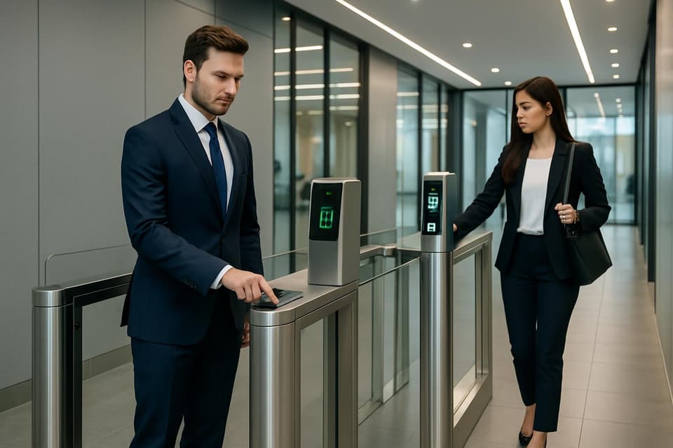 Two people walk through a line of card-reader turnstiles in an office building lobby